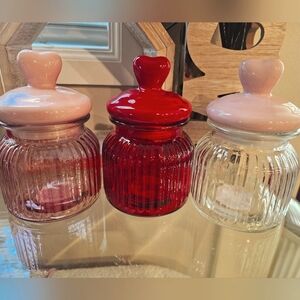 Valentines Day Pink & Red - 3 PCS Glass Jars with Ceramic Heart Lid.